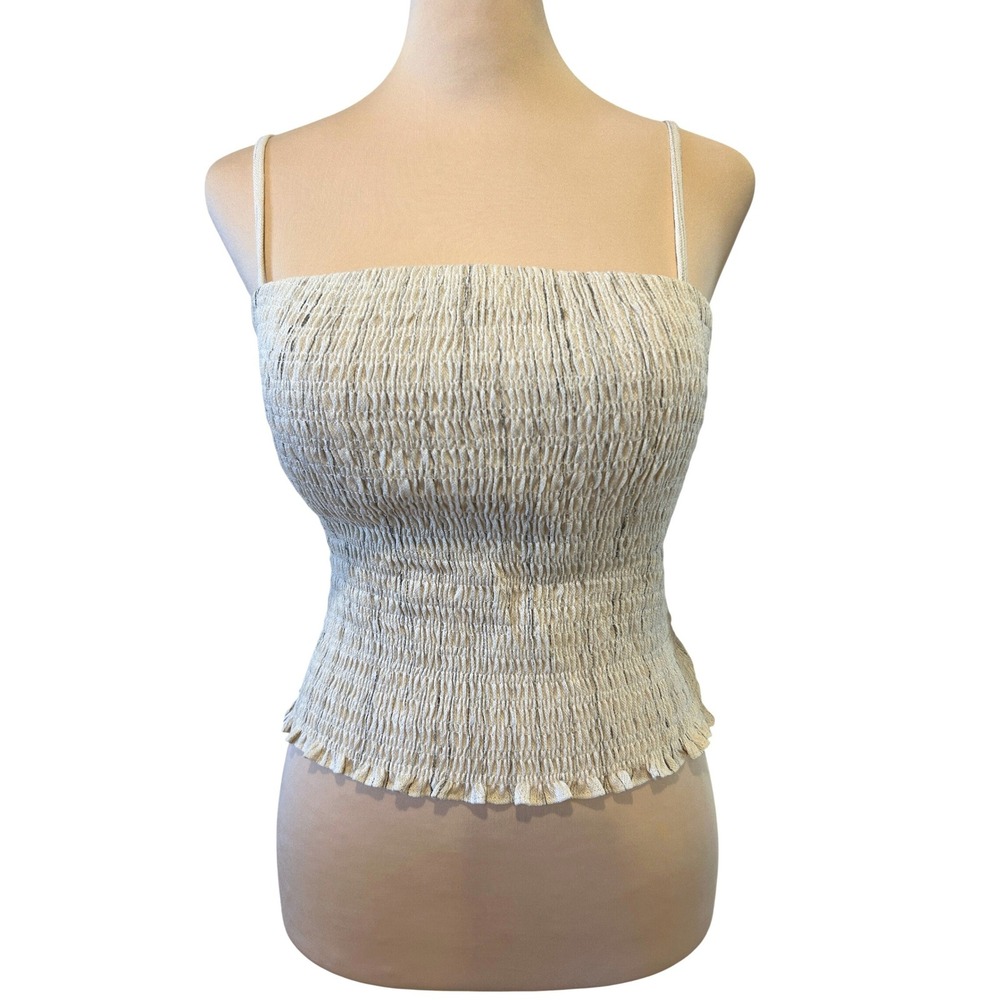 OGL Camisole Tank Top Brami Sz S Beige Smocked Ruffle Hem Built-in Bra Boho NEW